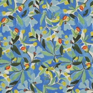 Reststück Leinen Viskose Crepe Sommerblumen - Blau/Gelb