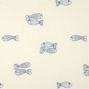 Double Musselin Stickerei Fische - Cremeweiß / Blau